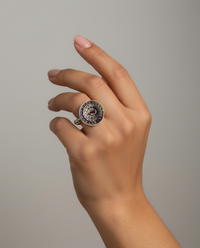 Victorian Carved Tinted Shell Button with Tourmaline Center Set in Sterling silver Ring Size 8 — worn on model