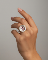 Victorian Carved Tinted Shell Button with Tourmaline Center Set in Sterling silver Ring Size 8 — worn on model
