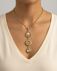 Victorian Opalescent Glass in Metal Three Button Drop Set in Sterling Silver Accented with Pyrrite Facet Rosary — worn on model