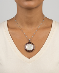 Victorian Carved Pearl Flower Design Button set in Sterling silver — worn on model