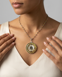 Victorian Carved Shell Green Snail Button w/ steel Facet Accent set in Sterling silver — worn on model