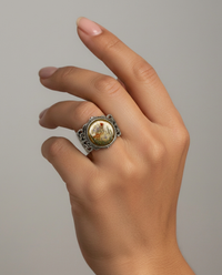 Satsuma Porcelain Hand Painted Floral Button set in Sterling Silver Ring Size 8 — worn on model