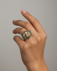Satsuma Porcelain Hand Painted Button set in Sterling Silver Ring Size 7.5 — worn on model