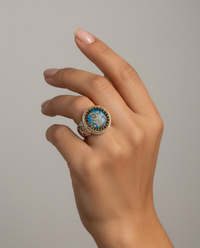 Victorian glass in Metal Button set in Sterling Silver Ring Size 8.5 — worn on model