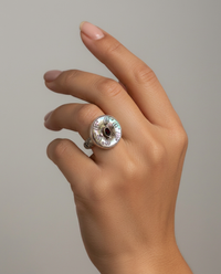 Victorian Carved Pearl w/ Garnet Stone accent set in Sterling Silver Ring Size 7.5 — worn on model