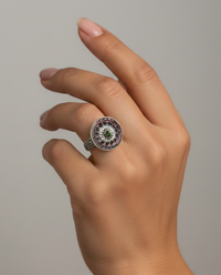 Victorian Carved Pearl tinted w/ Tourmaline stone accent set in Sterling Silver Ring Size 8 — worn on model