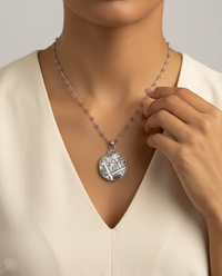 Victorian Carved Pearl Bee Button Set in Sterling Silver Necklace w/ Satellite Chain — worn on model