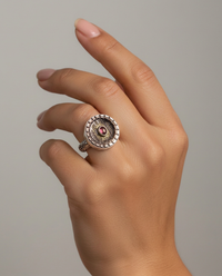 Victorian Carved Shell w/ Garnet Center Button Ring set in Sterling Silver Size 7.5 — worn on model