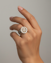 Victorian Czech Glass Button Ring set in Sterling Silver Size 7.5 — worn on model