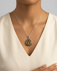 Victorian Picture Metal Button with Cherub & Seahorse set in Sterling Silver accent with Sterling silver Chain — worn on model
