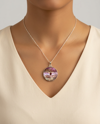 Victorian Carved Shell Button with Garnet Stone set in Sterling Silver accent with Sterling silver Chain — worn on model
