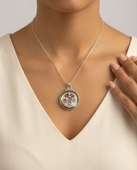 Victorian Carved Pearl Button w/ Tourmaline Center set in Sterling Silver — worn on model