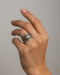 Victorian Enamel Button Set in Sterling Filigree Silver Ring Size 7.5 — worn on model