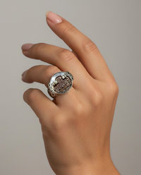 Victorian Carved Pearl Shell Button with Ornate Village Scene set in Sterling Silver Ring Setting Size 8 — worn on model