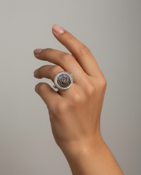 Victorian Carved Pearl Shell Button with Tourmaline Center set in Sterling Silver Ring Setting Size 8 — worn on model