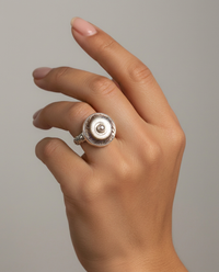 Victorian Carved Tinted Shell Pearl Button With Pearl Center set in Sterling Silver Ring Design Size 8 — worn on model