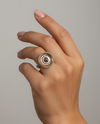 Victorian Carved Tinted Shell Pearl Button With Garnet Center set in Sterling Silver Ring Design Size 8 — worn on model