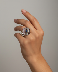 Victorian Carved Tinted Shell Pearl Button With Topaz Center set in Sterling Silver Ring Design Size 8 — worn on model