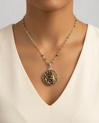 Victorian Picture Metal Moon w/ Brass Scrolled Design Button set in Sterling Silver W/ Tourmaline Stone Rosary — worn on model