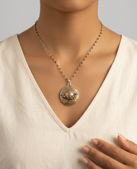Victorian Metal Saturn Image w/ Steel Facet Ring set in Sterling silver W/ Pyrrite Facet Rosary Accent — worn on model