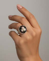 Victorian Hand Painted Enamel Button set in Sterling Silver Ring Size 8 — worn on model