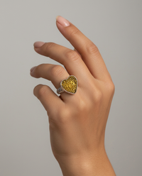 Czech Republic Gold Heart Glass Button set in Sterling Silver ring Size 7.5 — worn on model