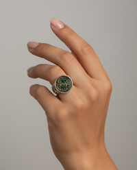Victorian Ornate Green glass Button set In Sterling Wide Band Size 7.5 — worn on model