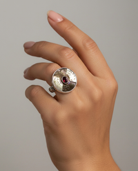 Victorian Carved Shell Button w/ Garnet Stone Center Button set in Sterling Silver Ring Size 7 — worn on model