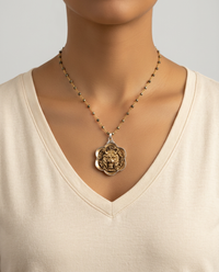 Beautiful Victorian Raised Lions Head Antique Button Set in Sterling Silver Pendant w/ Pyrite Stone Necklace — worn on model