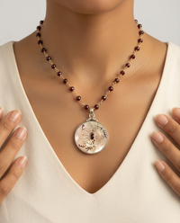 Victorian Carved Shell Button W/ Garnet Stone Center set in Sterling silver Pendant w/ Garnet Stone Necklace — worn on model
