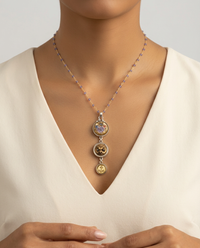 Victorian Three Button Drop Necklace set in Sterling Silver Pendant w/ pyrite Stone necklace — worn on model