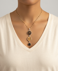 Victorian Jewels Three Button Drop set in Sterling Silver Pendant w/ Spinel Rosary necklace — worn on model