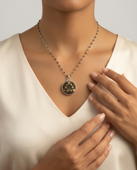 Vintage Luster Gold & Black Czech Glass Button set in sterling Silver Pendant w/ Pyrrite Stone Rosary — worn on model