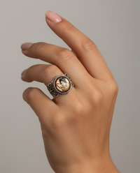 Satsuma Hand Painted Porcelain Button set in Sterling silver Filigree Ring Design Size 8 — worn on model