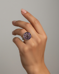 Victorian Carved Tinted Shell Button w/ Facet Garnet Center set in Sterling Silver Ring Design Size 8 — worn on model