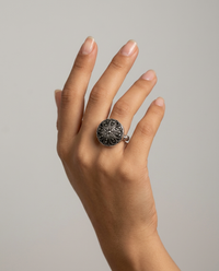 Vintage Glass with Silver Accent Button set in Sterling Silver Ring DesignSize 8 — worn on model