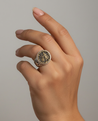 Victorian Picture Metal Man on Bicycle Button set in Sterling Silver Ring Design Size 7.5 — worn on model