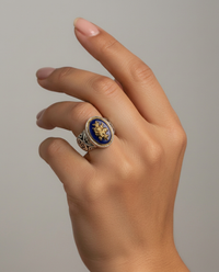 Victorian Blue Glass & Metal Button set in Sterling Silver Ring Size 7 — worn on model