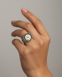 Victorian Carved Pearl Button W/ Brass Rim set in Sterling Silver Ring Size 7 — worn on model