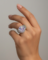 Vintage Luster Czech Glass Button set in Sterling Silver Ring Size 7 — worn on model