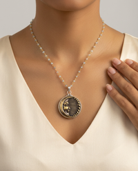 Victorian Moon Metal Button set in Sterling Silver w/ facet stone necklace — worn on model