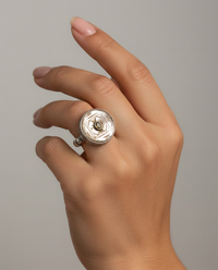 Victorian Carved Shell with Tourmaline Facet Center Button set in Sterling Silver Ring Size 8 — worn on model