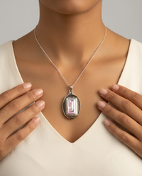 Victorian Oval Inlay Carved Pearl & Shell Button set in Sterling Silver w/ Chain — worn on model