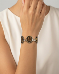 Ornate Gold Luster Czech Republic Glass Button Bracelet — worn on model