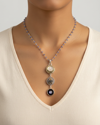 Victorian Three Button Drop Czech Glass And Pearl set in Sterling Silver w/ Labradorite Facet Stone — worn on model