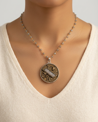Victorian Floral Metal w/ Lacy Glass Inlay Antique Button Set in Sterling Silver Pendant w/ Labradorite Facet Stone Necklace — worn on model