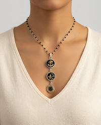 Victorian Three Button Drop Victorian Buttons from the late 1800s set in Sterling Silver Pendant with Spinnel Facet Accent. — worn on model