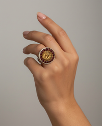 Victorian Metal Raised Head with Red Enamel Border Button Ring Size 7.5 — worn on model