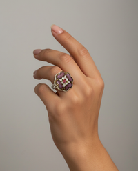 Antique Victorian Hand Painted Enamel Button set in Sterling Silver Ring Size 6-1/2 — worn on model