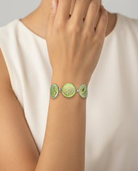 Vintage Green Luster Glass Buttons set in Sterling Silver Bracelet 8" — worn on model